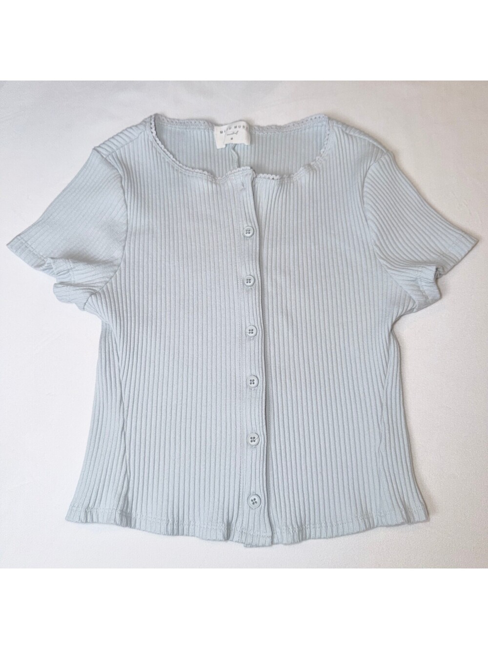 Miou Muse Light Blue Button Front Ribbed Top - M - Picture 1 of 6